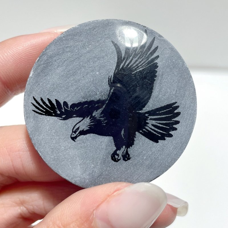 4cm Black Obsidian Clear Quartz Engraved Eagle Round Slices DIY Wholesale