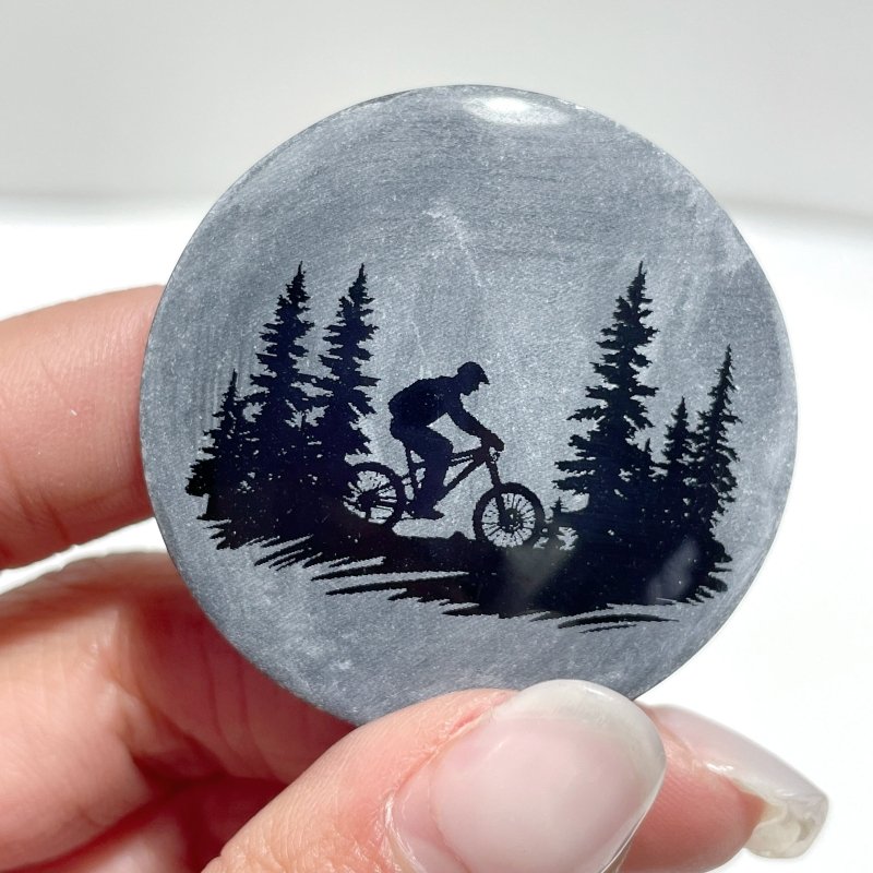 4cm Black Obsidian Forest Landscape Engraved Round Slices DIY Wholesale