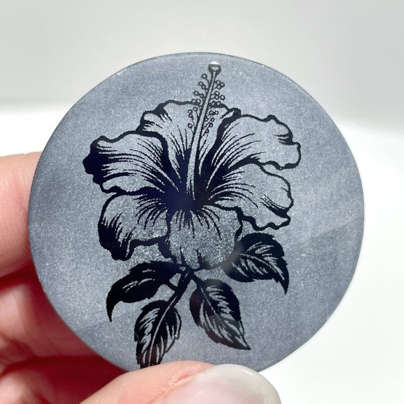 4cm Black Obsidian Hawaiian Flowers Engraved Round Slices DIY Wholesale