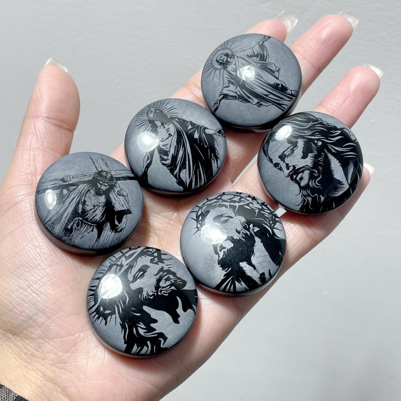 Black Obsidian Engraved Jesus Christ Round Slices DIY Accessories Wholesale