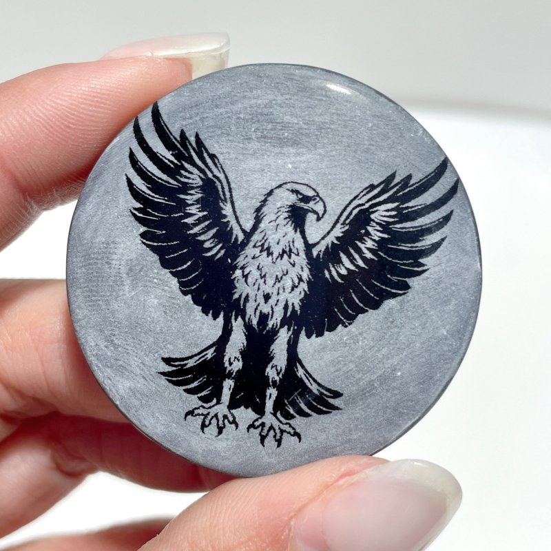 4cm Black Obsidian Clear Quartz Engraved Eagle Round Slices DIY Wholesale