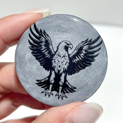 4cm Black Obsidian Clear Quartz Engraved Eagle Round Slices DIY Wholesale