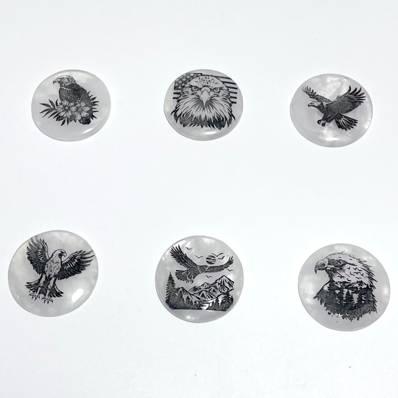 4cm Black Obsidian Clear Quartz Engraved Eagle Round Slices DIY Wholesale
