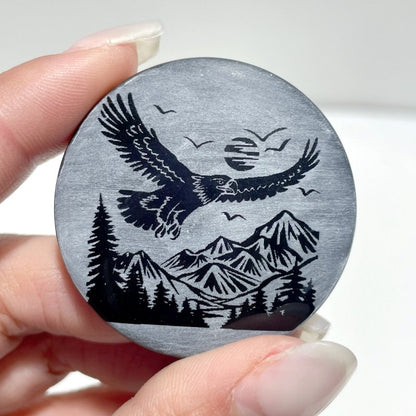 4cm Black Obsidian Clear Quartz Engraved Eagle Round Slices DIY Wholesale