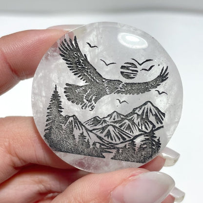 4cm Black Obsidian Clear Quartz Engraved Eagle Round Slices DIY Wholesale