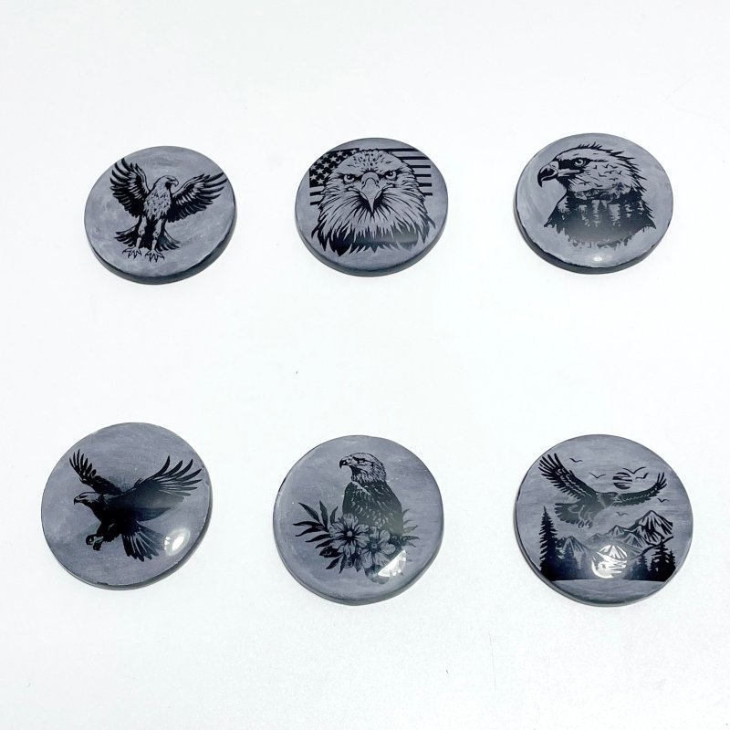 4cm Black Obsidian Clear Quartz Engraved Eagle Round Slices DIY Wholesale