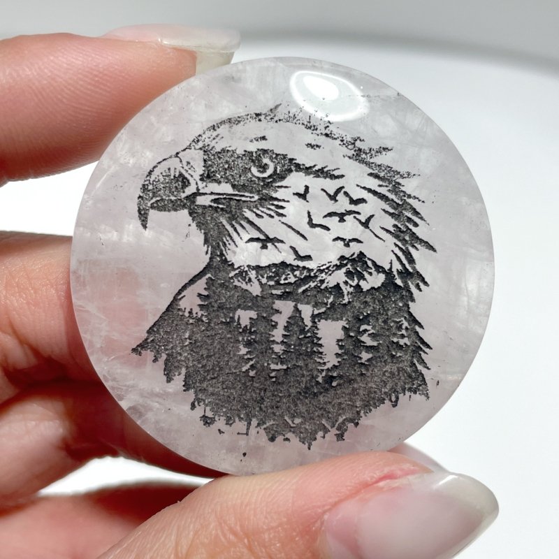 4cm Black Obsidian Clear Quartz Engraved Eagle Round Slices DIY Wholesale