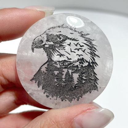 4cm Black Obsidian Clear Quartz Engraved Eagle Round Slices DIY Wholesale