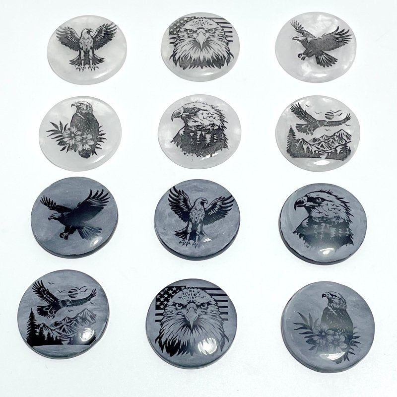 4cm Black Obsidian Clear Quartz Engraved Eagle Round Slices DIY Wholesale