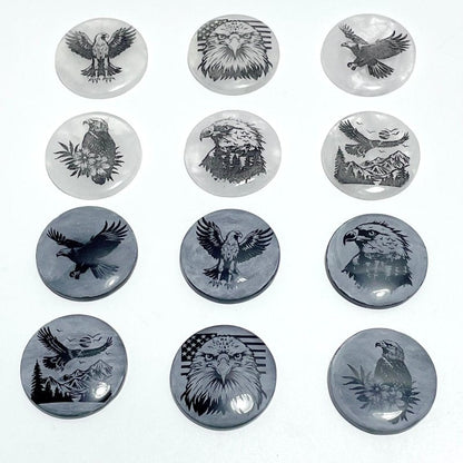 4cm Black Obsidian Clear Quartz Engraved Eagle Round Slices DIY Wholesale