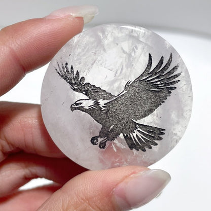 4cm Black Obsidian Clear Quartz Engraved Eagle Round Slices DIY Wholesale