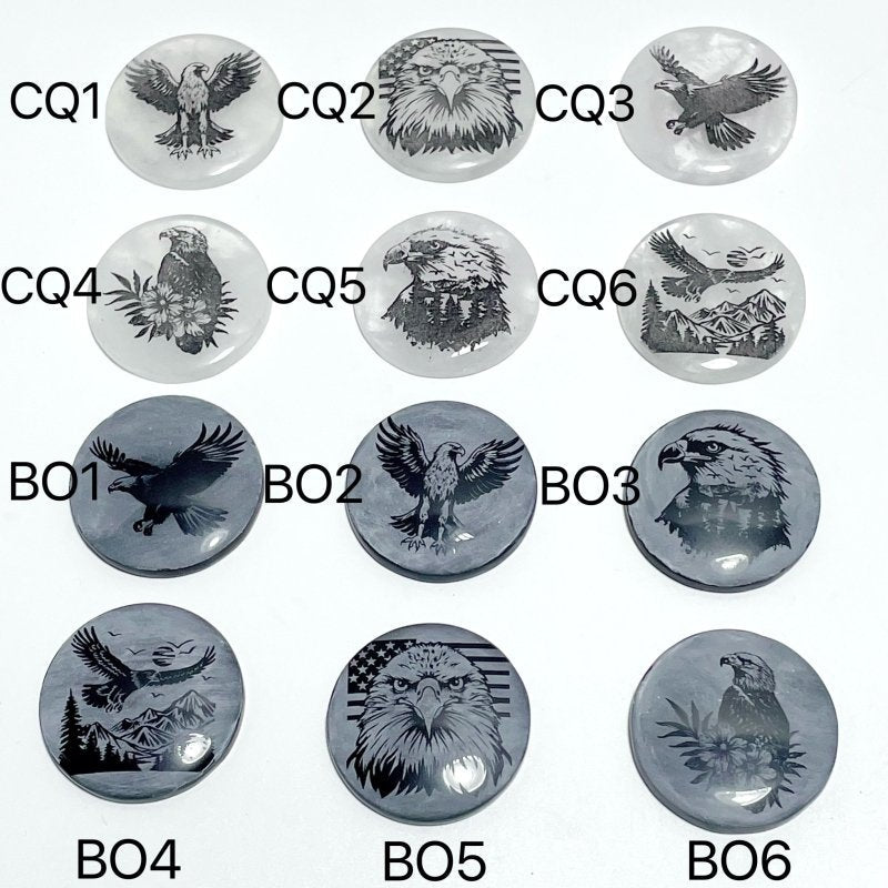 4cm Black Obsidian Clear Quartz Engraved Eagle Round Slices DIY Wholesale