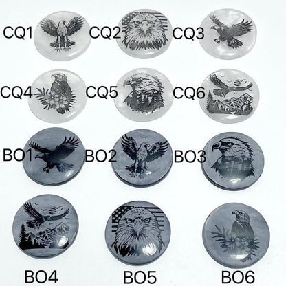 4cm Black Obsidian Clear Quartz Engraved Eagle Round Slices DIY Wholesale