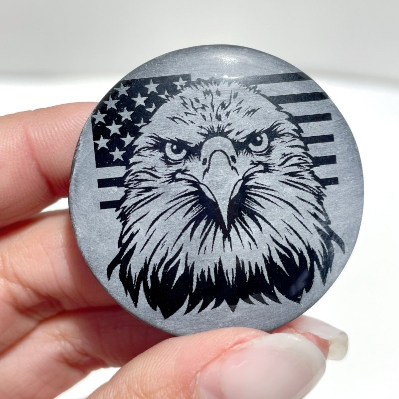 4cm Black Obsidian Clear Quartz Engraved Eagle Round Slices DIY Wholesale