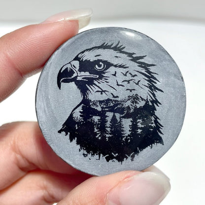4cm Black Obsidian Clear Quartz Engraved Eagle Round Slices DIY Wholesale