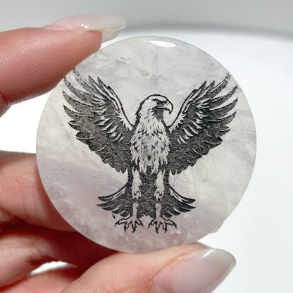 4cm Black Obsidian Clear Quartz Engraved Eagle Round Slices DIY Wholesale