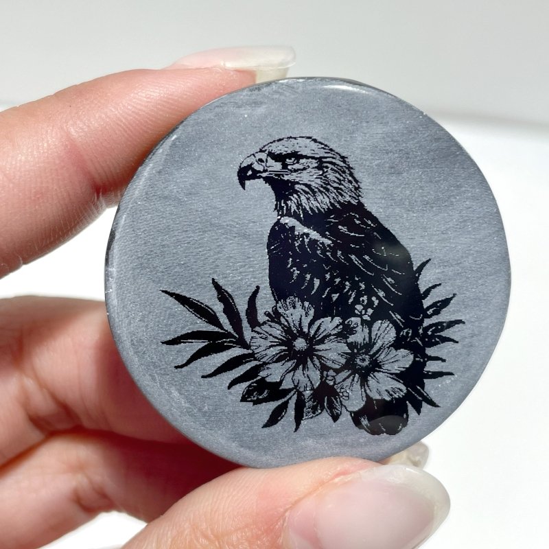 4cm Black Obsidian Clear Quartz Engraved Eagle Round Slices DIY Wholesale