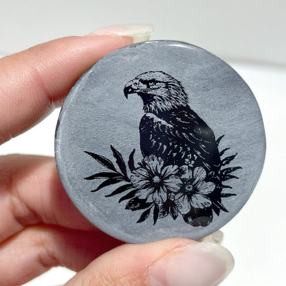 4cm Black Obsidian Clear Quartz Engraved Eagle Round Slices DIY Wholesale