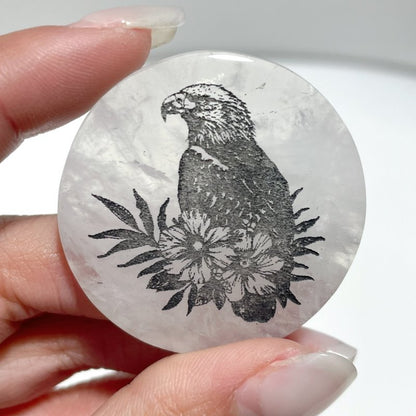 4cm Black Obsidian Clear Quartz Engraved Eagle Round Slices DIY Wholesale