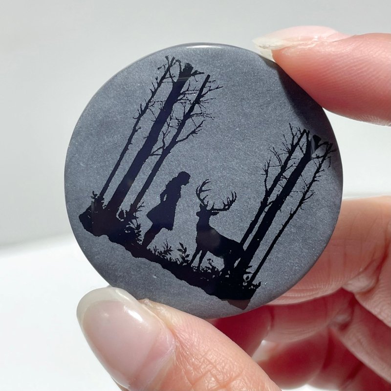 4cm Black Obsidian Forest Landscape Engraved Round Slices DIY Wholesale