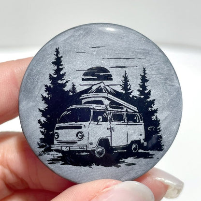 4cm Black Obsidian Forest Landscape Engraved Round Slices DIY Wholesale