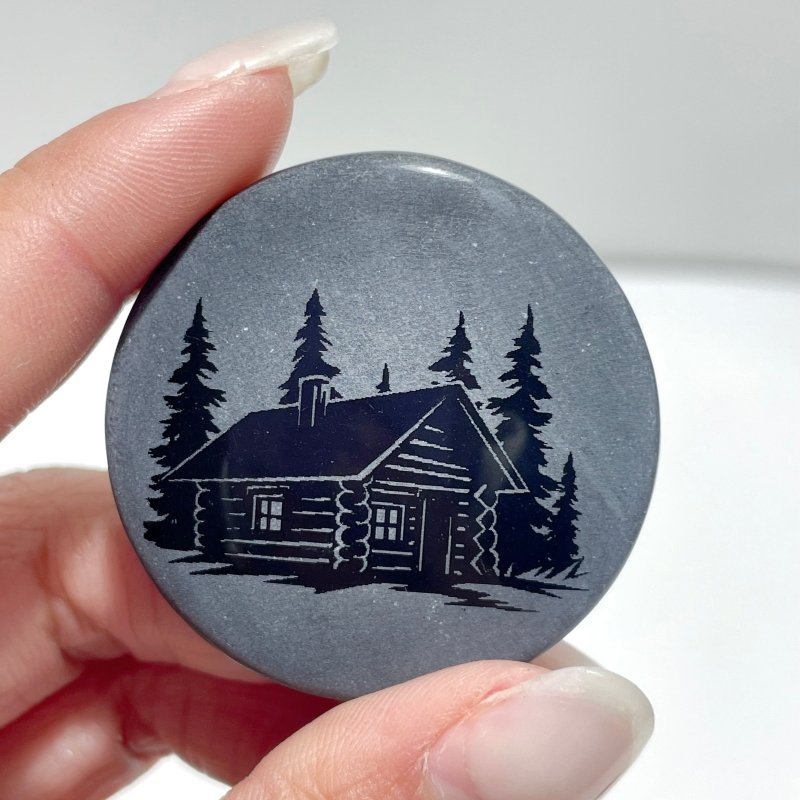 4cm Black Obsidian Forest Landscape Engraved Round Slices DIY Wholesale