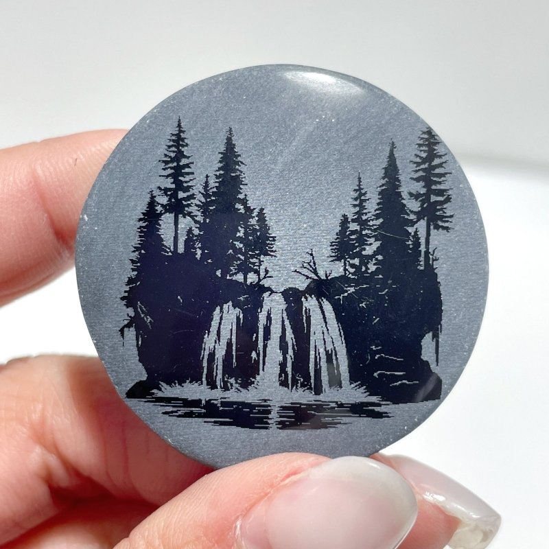 4cm Black Obsidian Forest Landscape Engraved Round Slices DIY Wholesale