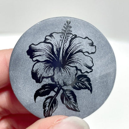 4cm Black Obsidian Hawaiian Flowers Engraved Round Slices DIY Wholesale