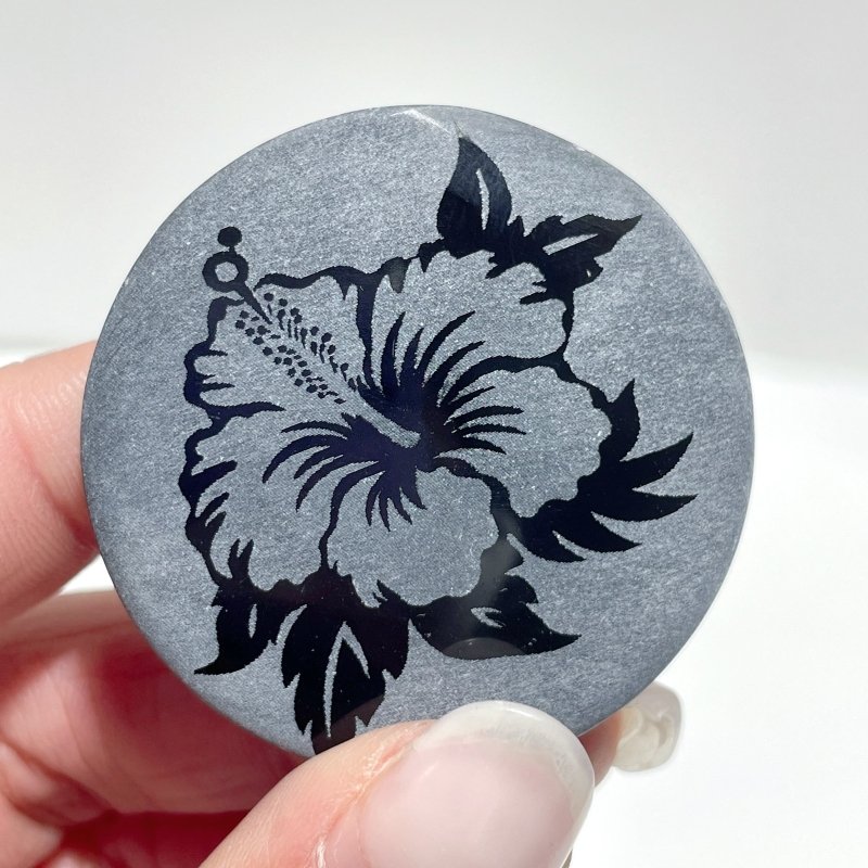 4cm Black Obsidian Hawaiian Flowers Engraved Round Slices DIY Wholesale