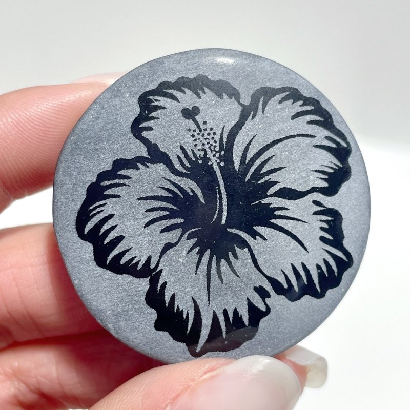 4cm Black Obsidian Hawaiian Flowers Engraved Round Slices DIY Wholesale
