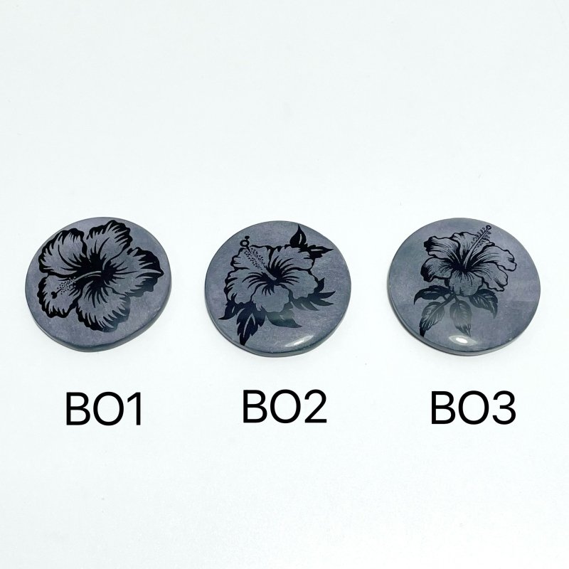 4cm Black Obsidian Hawaiian Flowers Engraved Round Slices DIY Wholesale