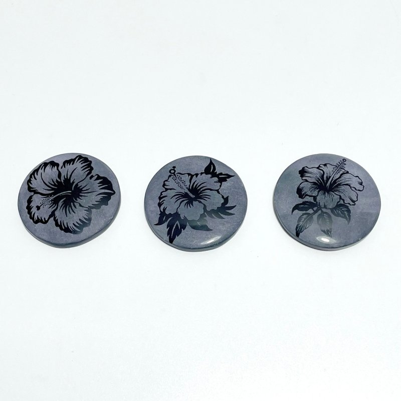 4cm Black Obsidian Hawaiian Flowers Engraved Round Slices DIY Wholesale