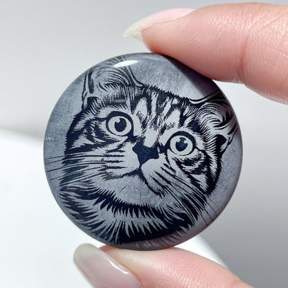 Black Obsidian Engraved Cat Round Slices DIY Accessories Wholesale
