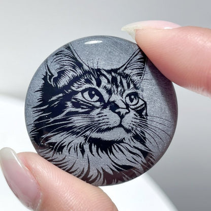 Black Obsidian Engraved Cat Round Slices DIY Accessories Wholesale