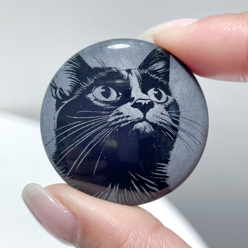 Black Obsidian Engraved Cat Round Slices DIY Accessories Wholesale