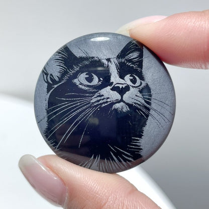 Black Obsidian Engraved Cat Round Slices DIY Accessories Wholesale