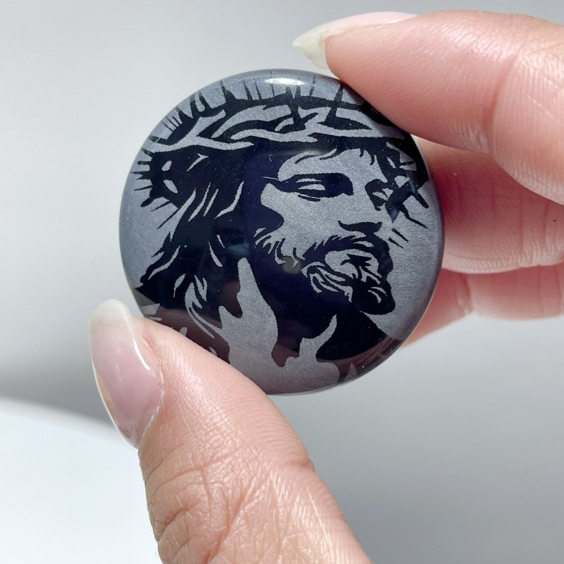 Black Obsidian Engraved Jesus Christ Round Slices DIY Accessories Wholesale