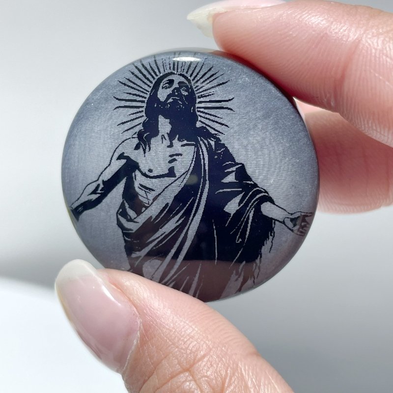 Black Obsidian Engraved Jesus Christ Round Slices DIY Accessories Wholesale