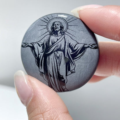 Black Obsidian Engraved Jesus Christ Round Slices DIY Accessories Wholesale