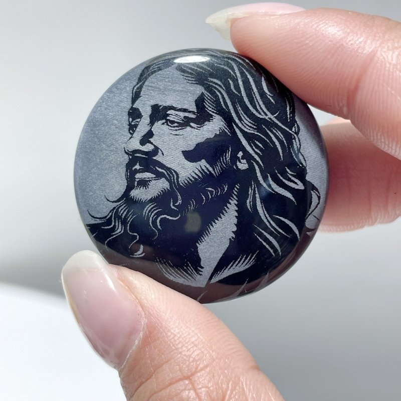 Black Obsidian Engraved Jesus Christ Round Slices DIY Accessories Wholesale