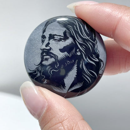 Black Obsidian Engraved Jesus Christ Round Slices DIY Accessories Wholesale