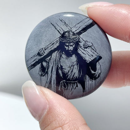 Black Obsidian Engraved Jesus Christ Round Slices DIY Accessories Wholesale