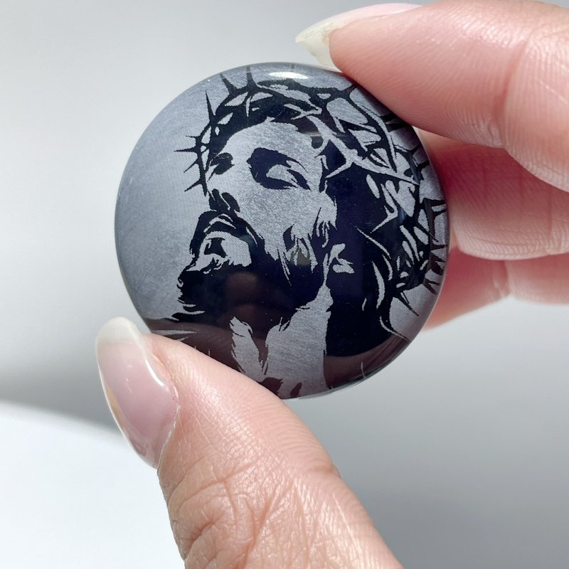 Black Obsidian Engraved Jesus Christ Round Slices DIY Accessories Wholesale
